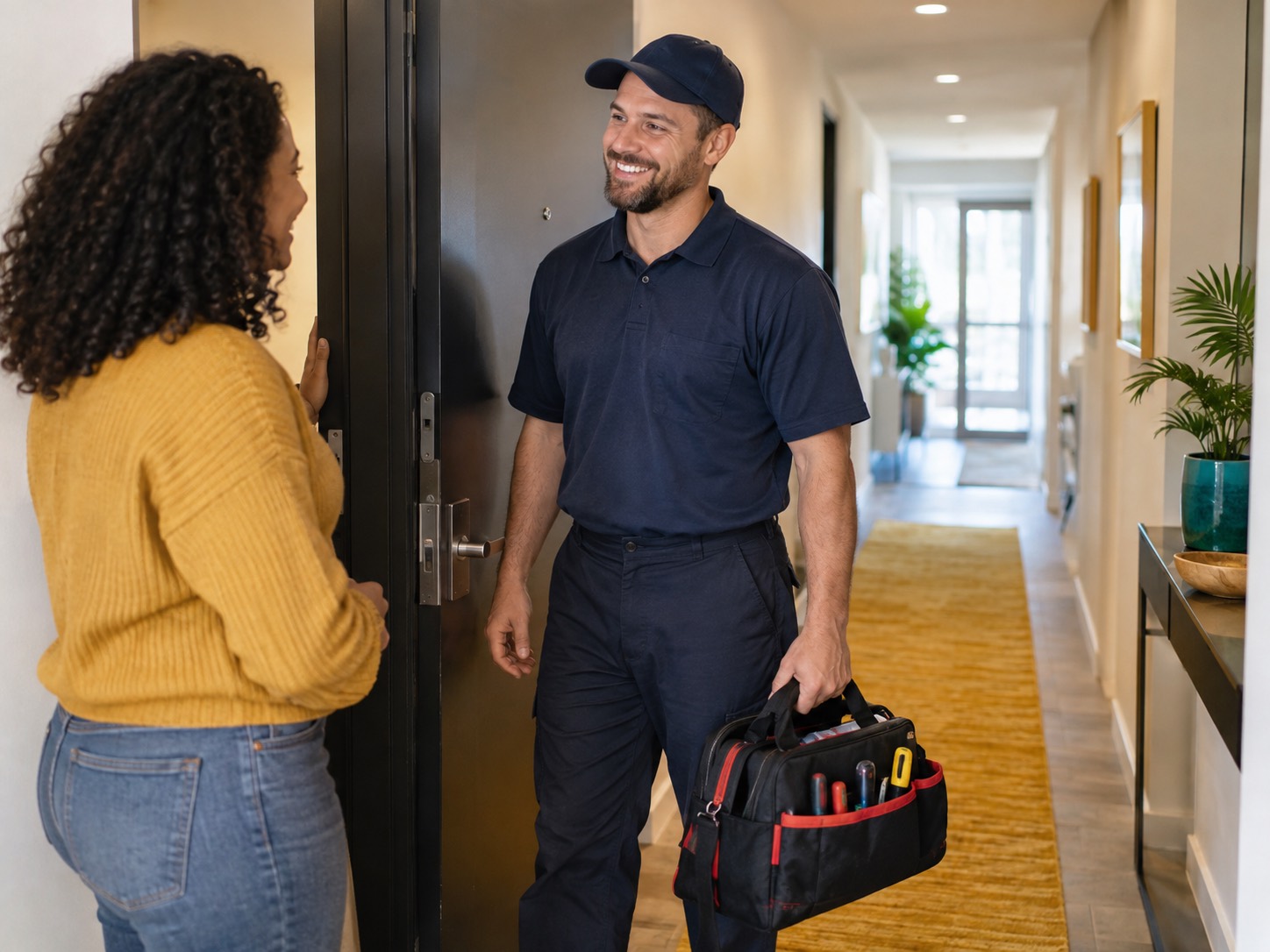 A professional arriving at a resident's door in the building hallway
