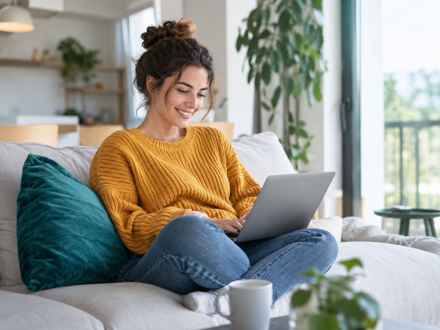 A resident relaxing on the sofa in a bright apartment
